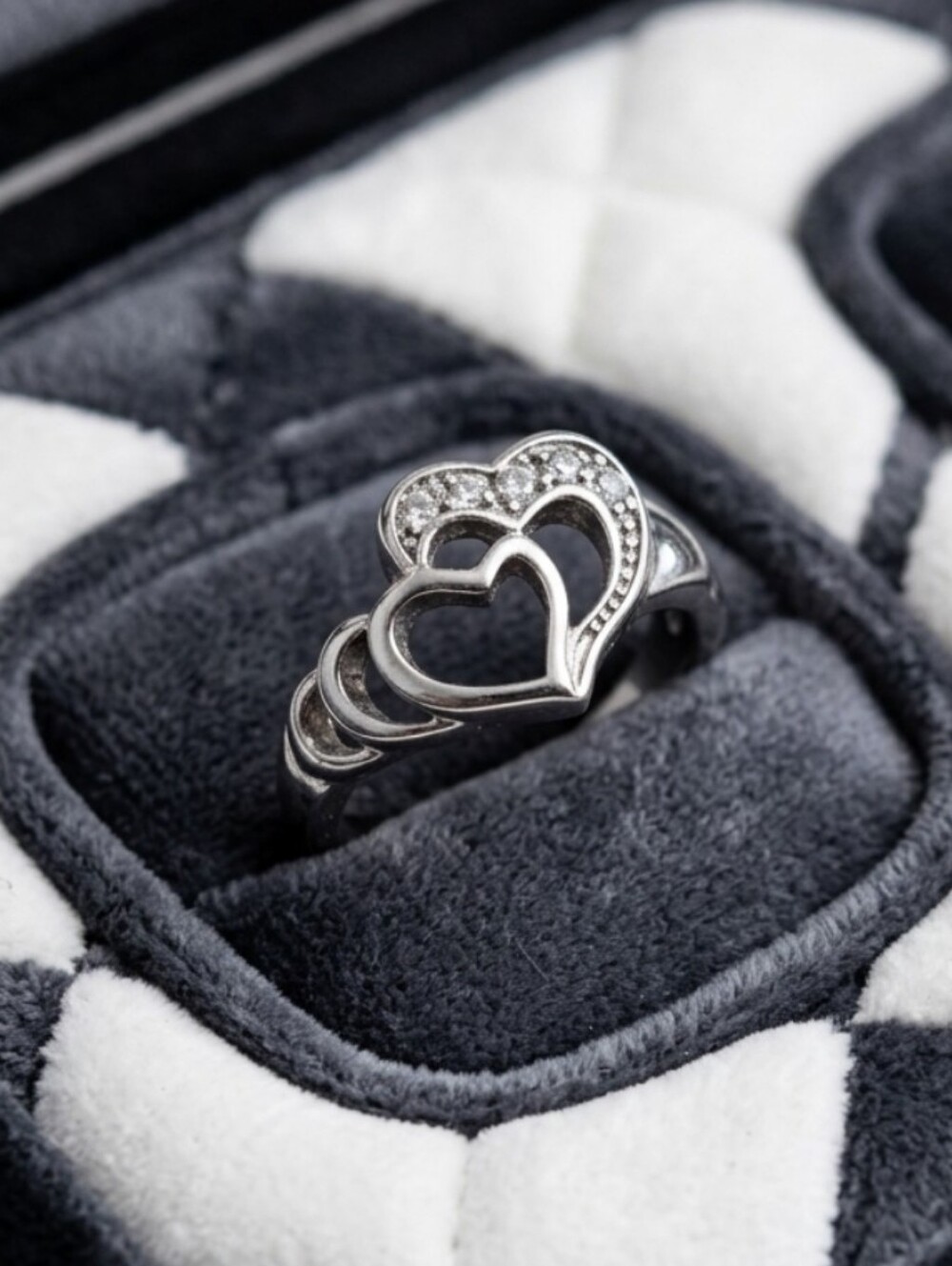 TK316 Tusk Stainless Steel Nested Hearts CZ Ring - Size 7